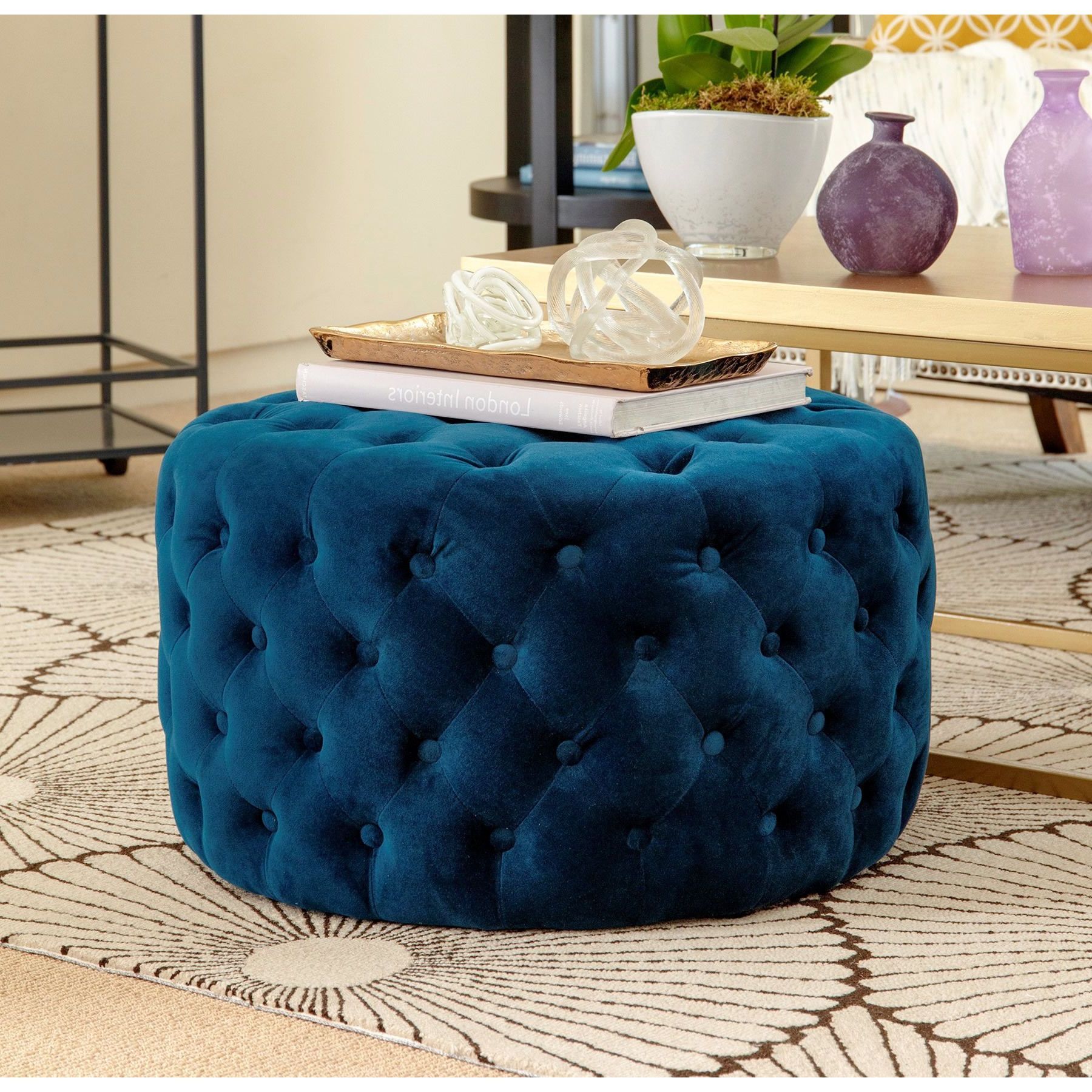 Abbyson Ella Blue Tufted Round Velvet Ottoman (round – Blue – Polyester With Preferred Textured Blush Round Pouf Ottomans (View 4 of 10)