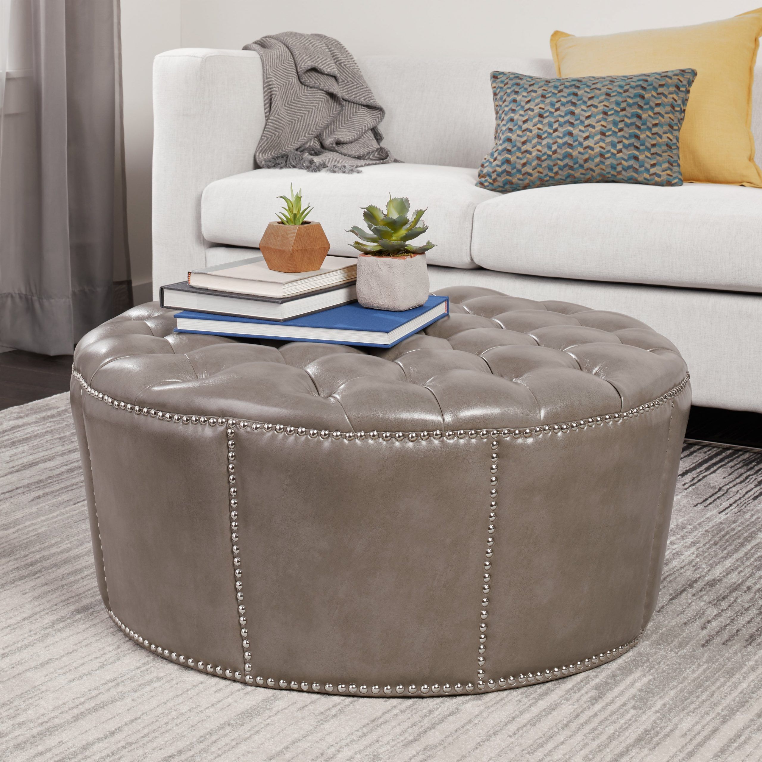 [%abbyson Newport Grey Leather Nailhead Trim Round Ottoman [17290794 Pertaining To Well Known Medium Gray Leather Pouf Ottomans|medium Gray Leather Pouf Ottomans Pertaining To Most Current Abbyson Newport Grey Leather Nailhead Trim Round Ottoman [17290794|most Recently Released Medium Gray Leather Pouf Ottomans With Regard To Abbyson Newport Grey Leather Nailhead Trim Round Ottoman [17290794|most Recently Released Abbyson Newport Grey Leather Nailhead Trim Round Ottoman [17290794 Intended For Medium Gray Leather Pouf Ottomans%] (View 3 of 10)