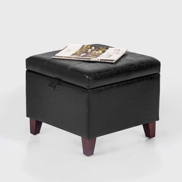 Adeco Square Faux Leather Storage Ottoman With Tufted Flip Top With Regard To Preferred Black Faux Leather Ottomans With Pull Tab (View 3 of 10)