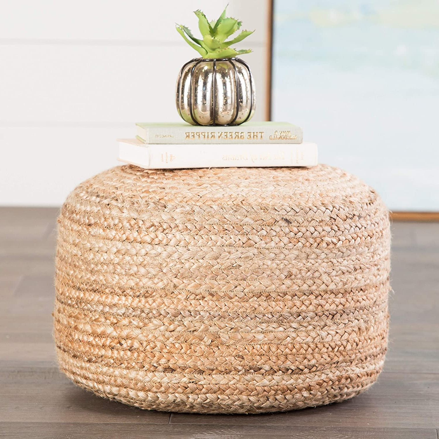 Amazon: Natural Jute Ottoman, Beige Braided Rows Round Pouf Beads With Regard To Preferred Beige And White Tall Cylinder Pouf Ottomans (Photo 10 of 10)