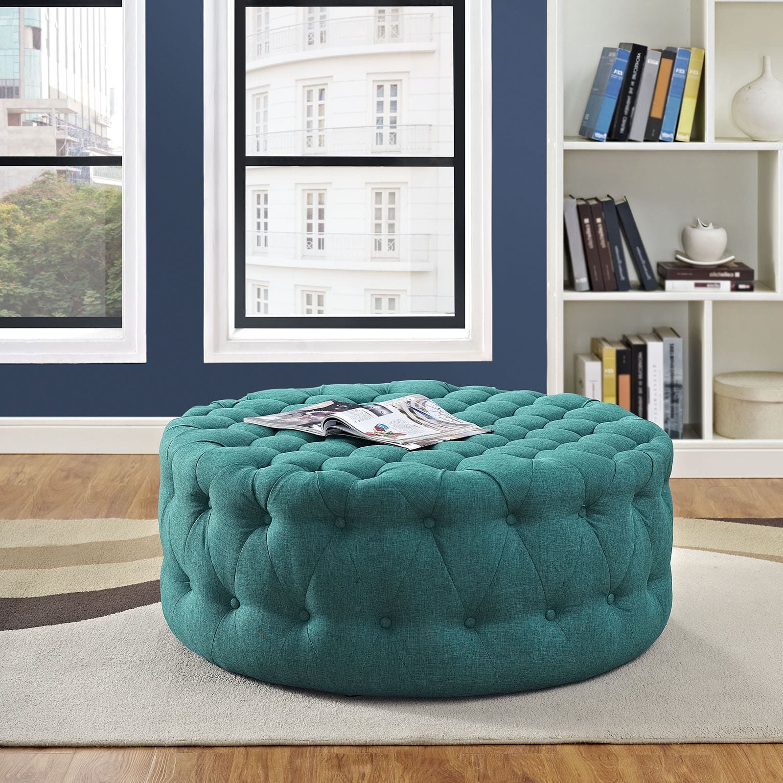 Amour Upholstered Fabric Ottoman In Tealmodway – Seven Colonial Regarding Famous Textured Yellow Round Pouf Ottomans (View 6 of 10)