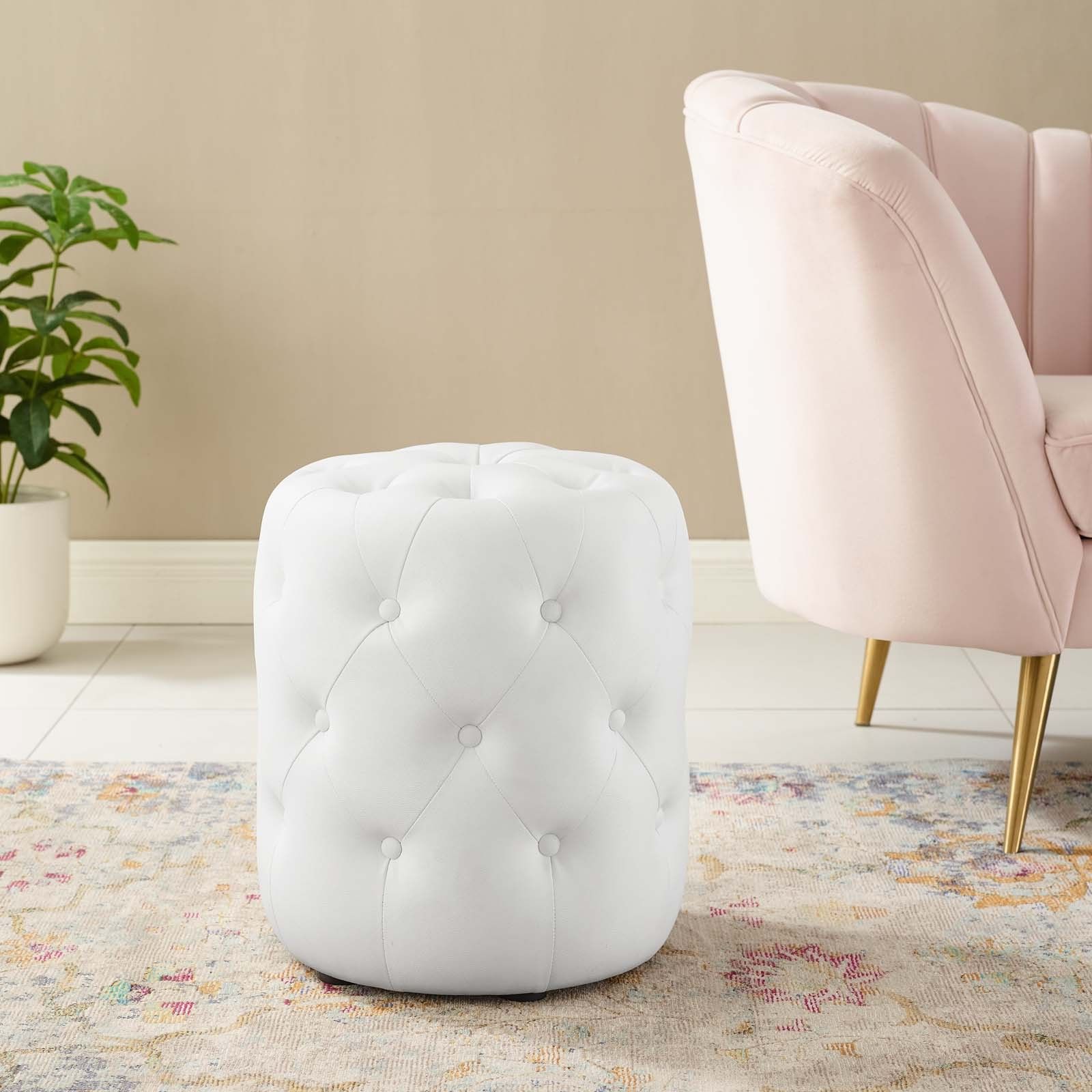 Anthem White Tufted Button Round Faux Leather Ottoman Eei 3777 Whi With Regard To Famous Round Blue Faux Leather Ottomans With Pull Tab (View 10 of 10)