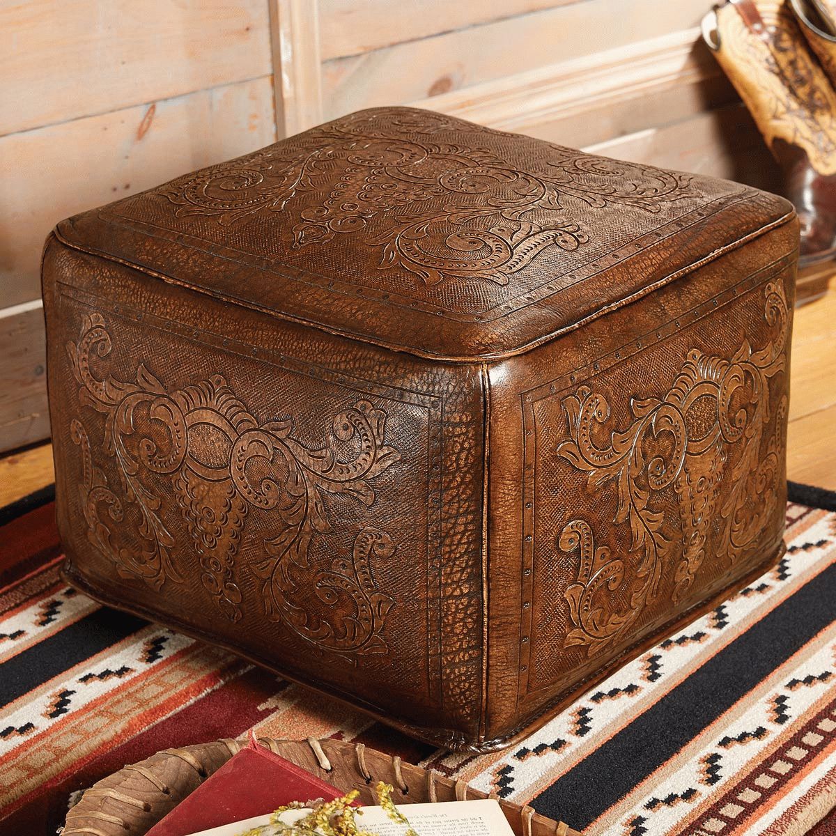 Antique Brown Large Colonial Tooled Leather Ottoman Throughout Most Recent Brown Leather Hide Round Ottomans (View 7 of 10)