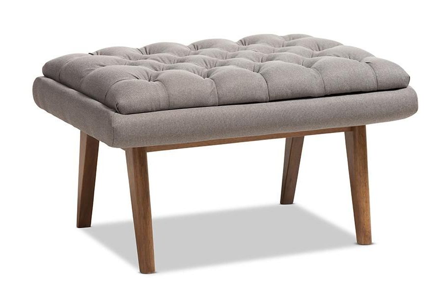Baxton Studio Annetha Mid Century Modern Grey Fabric Upholstered Walnut In Preferred Gray And White Fabric Ottomans With Wooden Base (View 2 of 10)