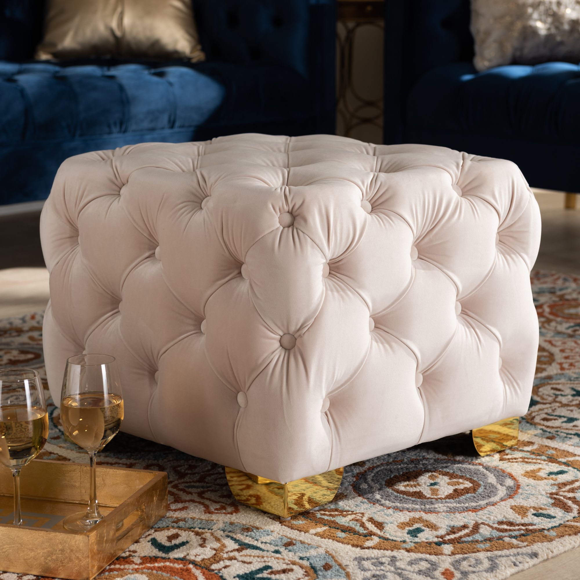 Baxton Studio Avara Glam And Luxe Light Beige Velvet Fabric Upholstered Throughout Most Recently Released Cream Fabric Tufted Oval Ottomans (View 4 of 10)
