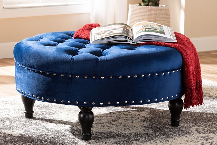 Baxton Studio Palfrey Transitional Blue Velvet Fabric Upholstered Intended For Well Liked Blue Fabric Tufted Surfboard Ottomans (View 1 of 10)