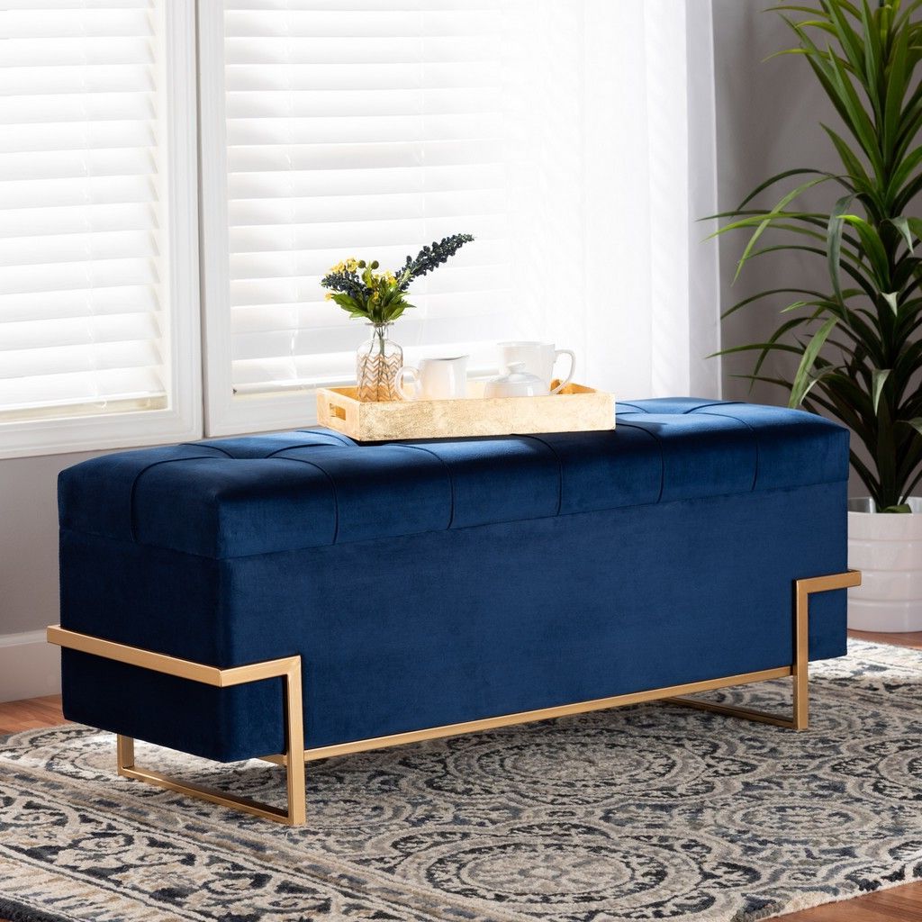 Baxton Studio Parker Glam & Luxe Navy Blue Velvet Upholstered & Gold For Most Current Honeycomb Cream Velvet Fabric And Gold Metal Ottomans (View 6 of 10)