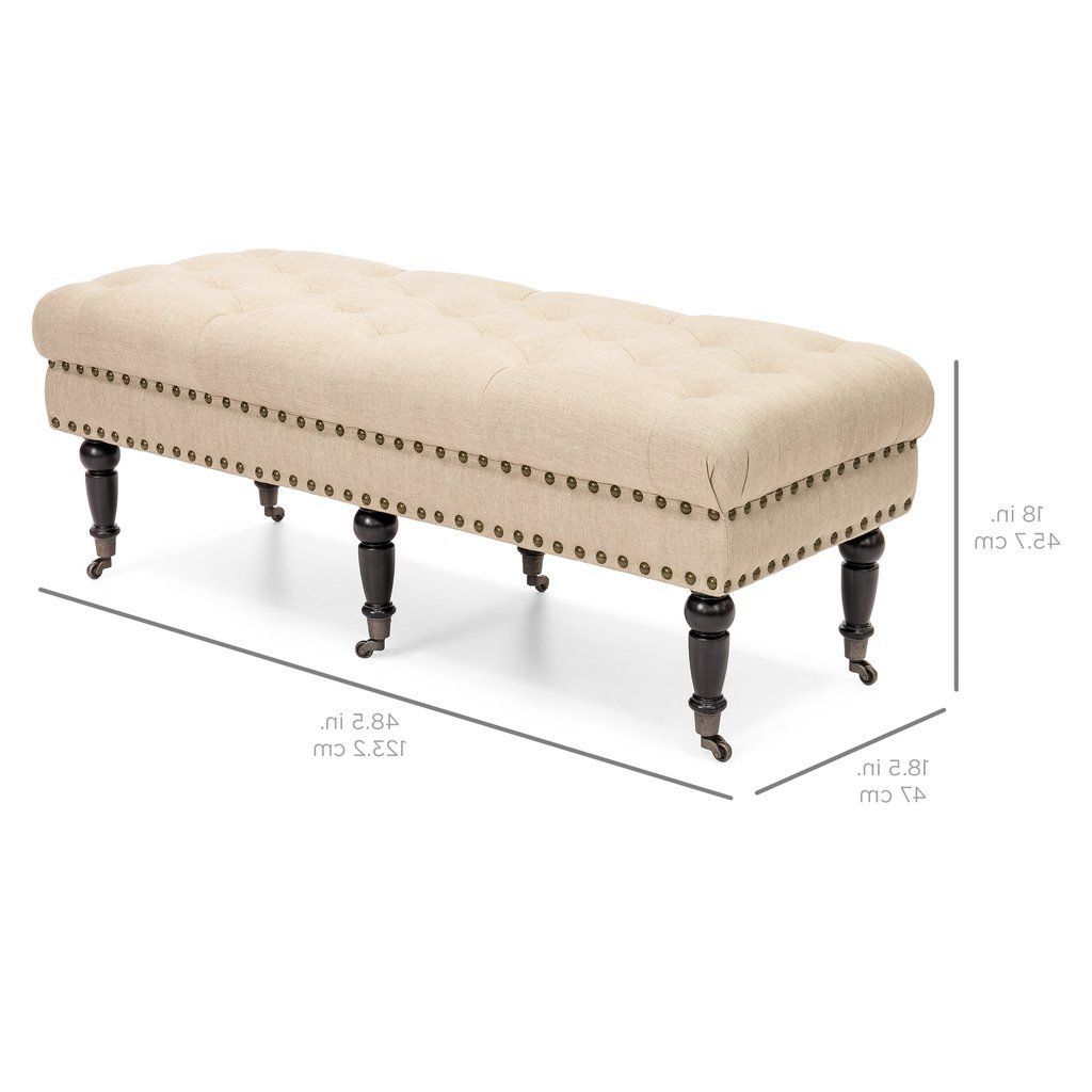 Beige Ombre Cylinder Pouf Ottomans Regarding Most Popular Tufted Linen Ottoman Bench W/ Studded Rivets (View 8 of 10)