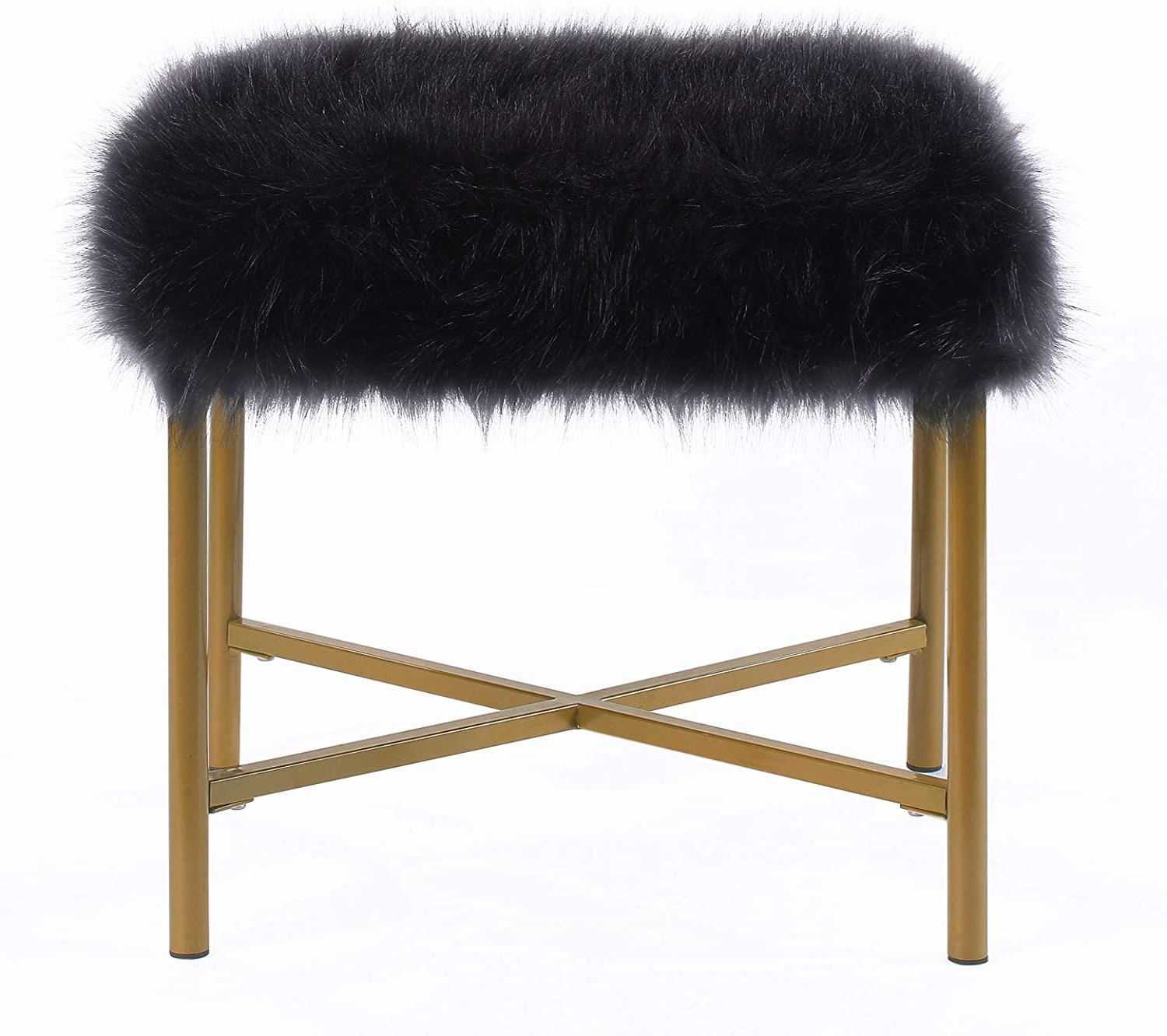 Benjara Square Faux Fur Upholstered Ottoman With Tubular Metal Legs And With Regard To Most Recent Charcoal Brown Faux Fur Square Ottomans (View 7 of 10)