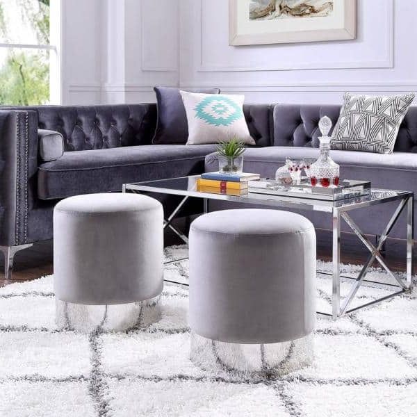 Best And Newest Inspired Home Caroline Grey/chrome Velvet Round Ottoman With Metal Base Inside Chrome Metal Ottomans (View 10 of 10)