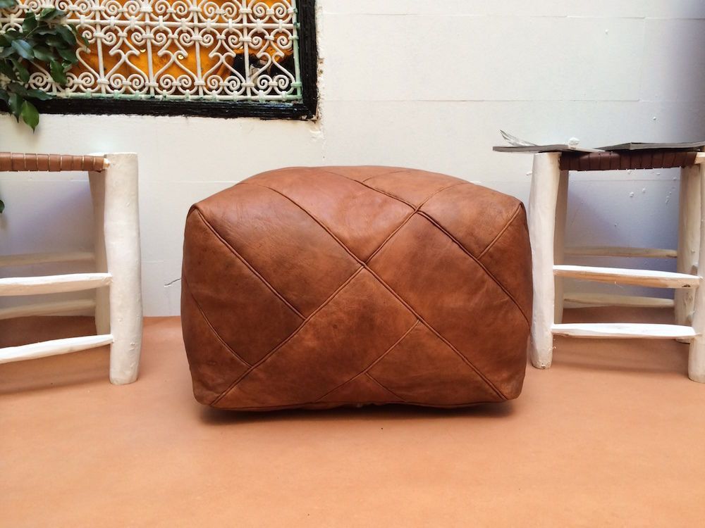 Best And Newest Square Leather Moroccan Pouf Ottoman Natural Brown Leather Ottoman With Regard To Dark Brown Leather Pouf Ottomans (View 3 of 10)