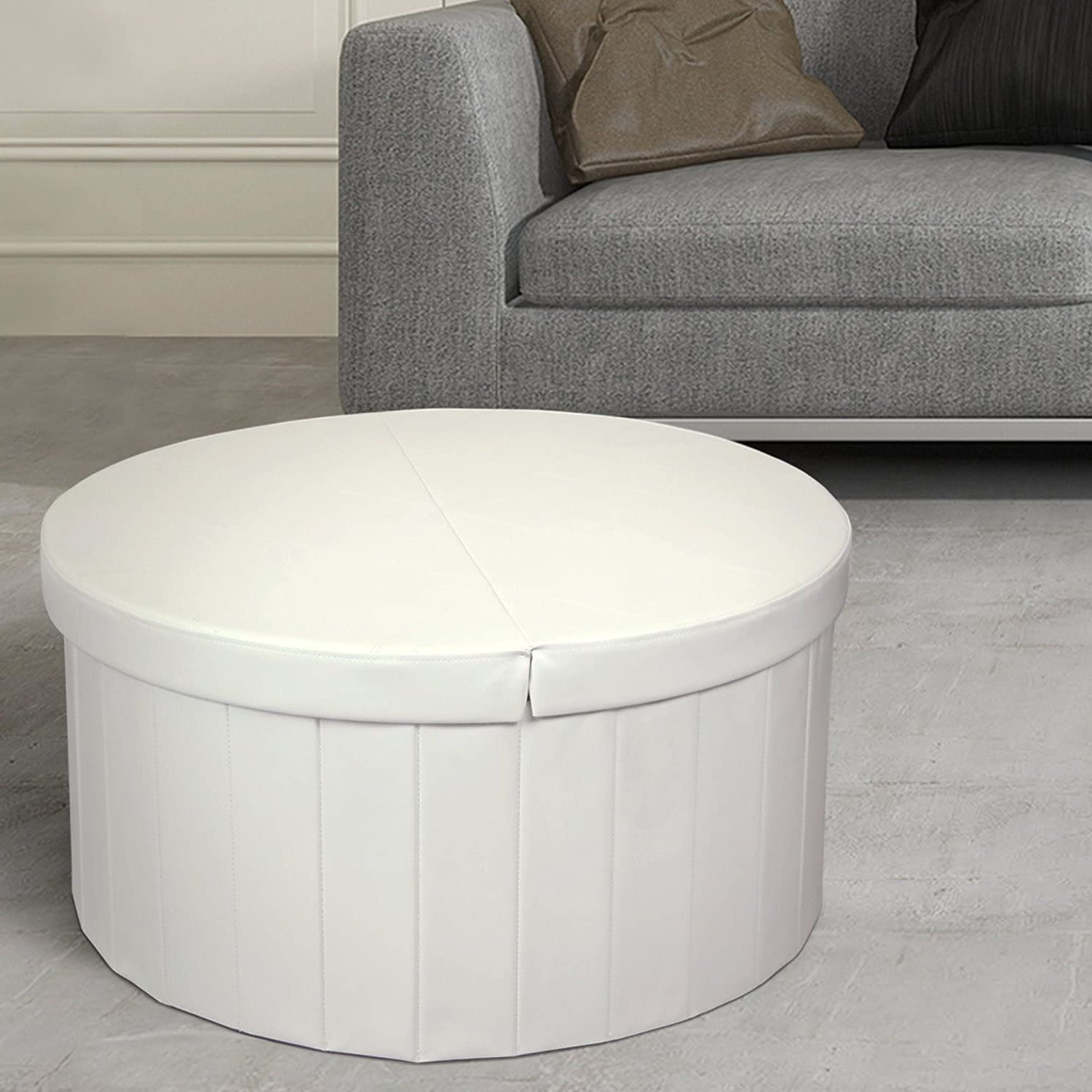 Best Round White Leather Ottoman Tufted – Your House Inside Fashionable Gray And Cream Geometric Cuboid Pouf Ottomans (View 9 of 10)
