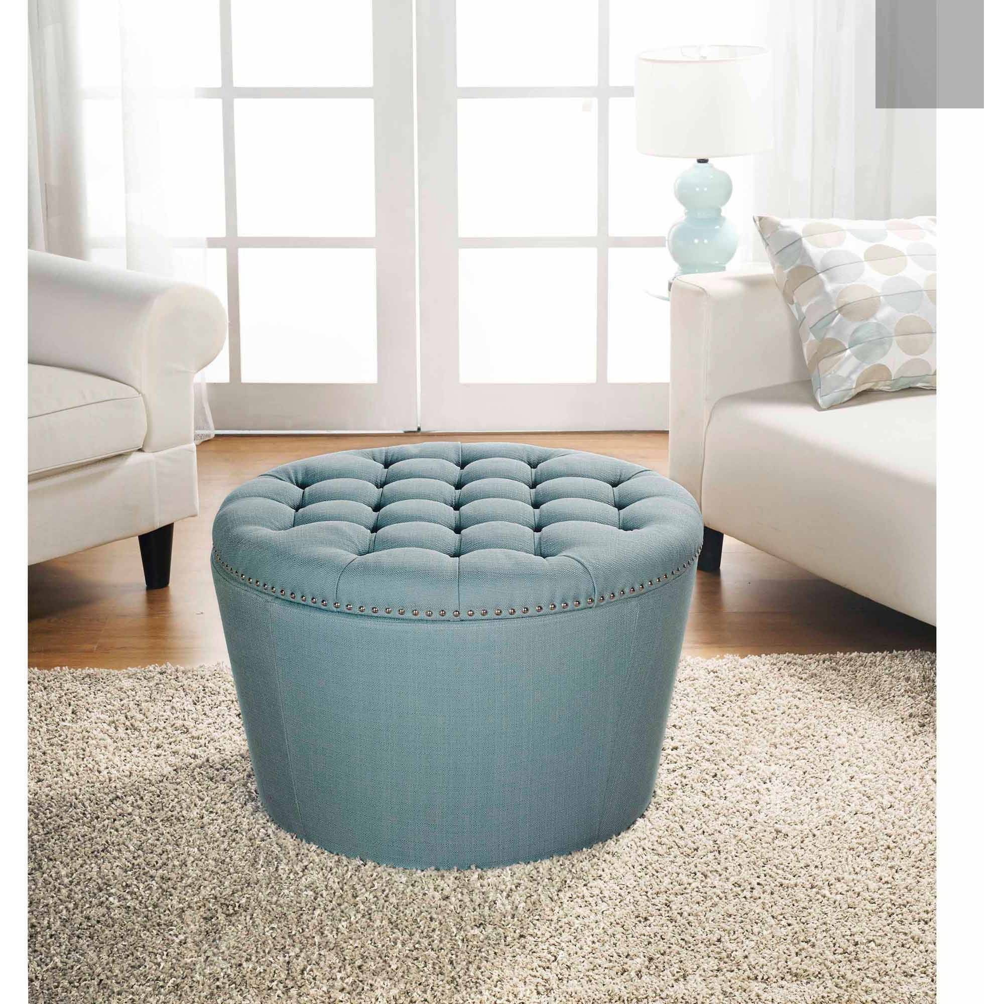 Better Homes And Gardens Round Tufted Storage Ottoman With Nailheads With Regard To Popular Blue Round Storage Ottomans Set Of  (View 10 of 10)