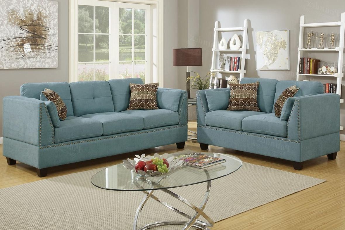 Blue Fabric Lounge Chair And Ottomans Set Pertaining To 2018 Poundex Barlo F6918 Blue Fabric Sofa And Loveseat Set – Steal A Sofa (View 10 of 10)