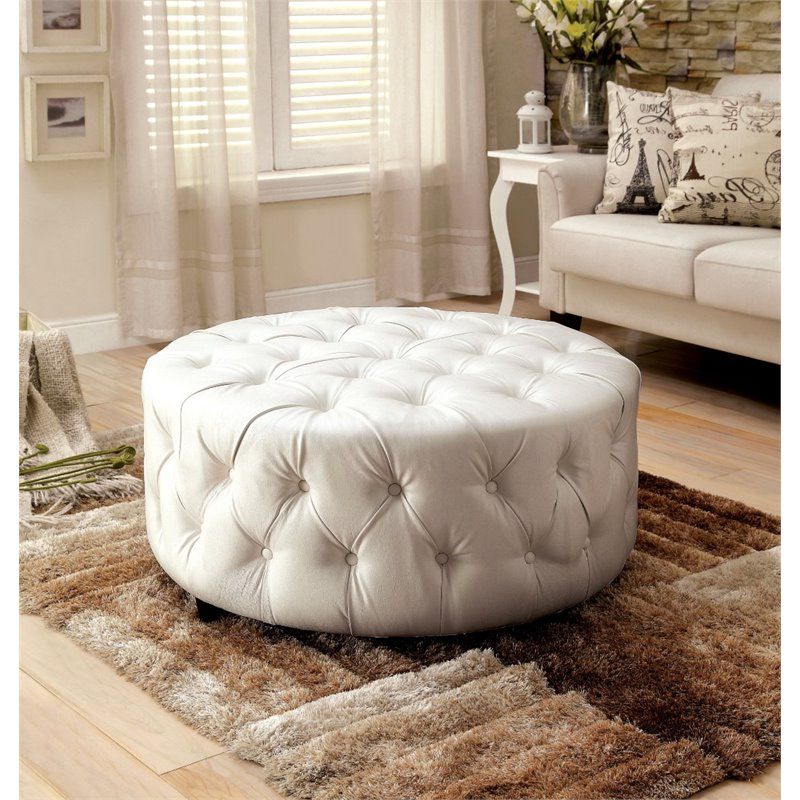 Bowery Hill Round Tufted Leather Ottoman In White  (View 6 of 10)