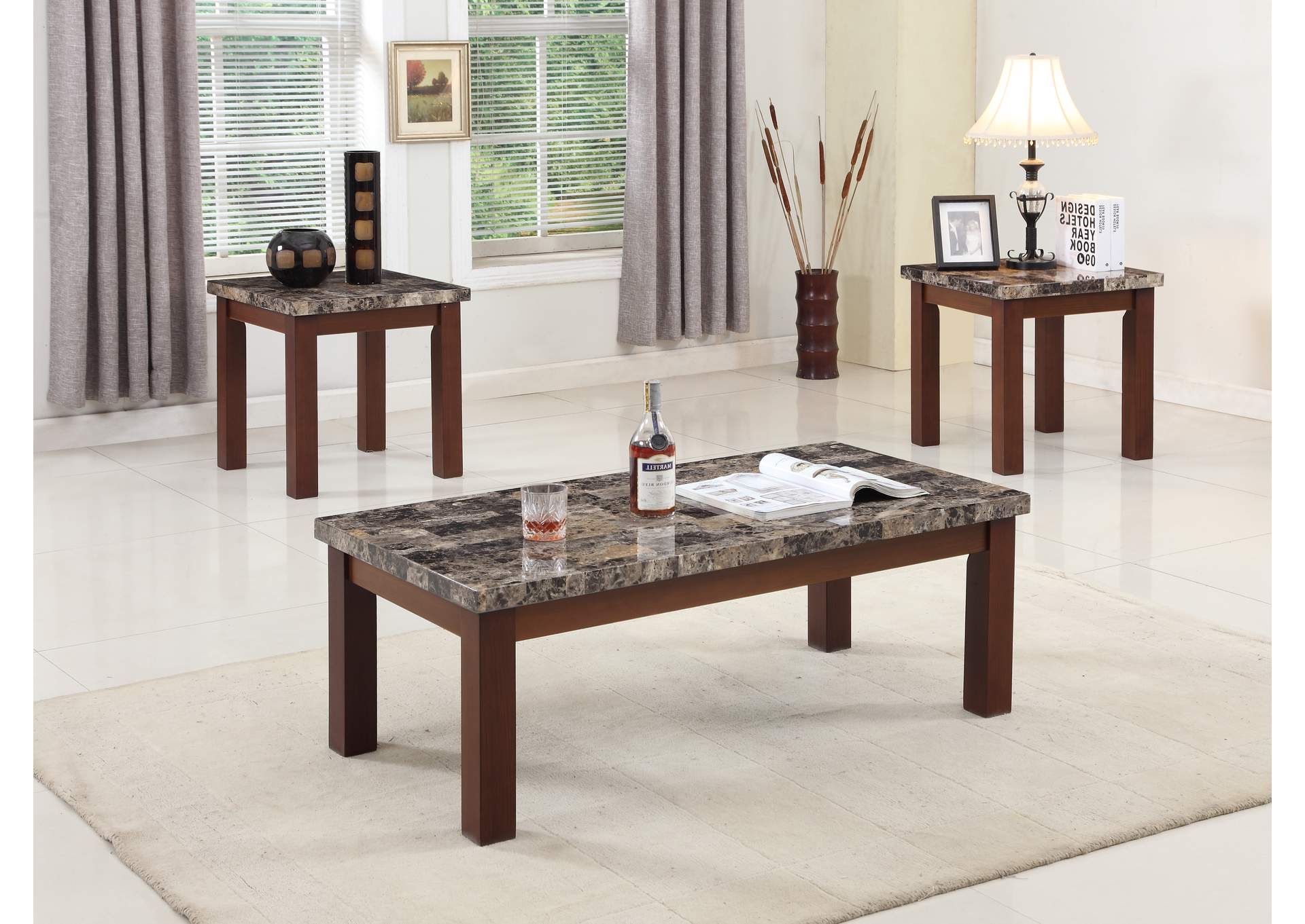 Brown 3 Piece Faux Marble Coffee & End Table Set Big Al's Furniture Pertaining To Newest Black Metal And White Linen Ottomans Set Of  (View 6 of 10)