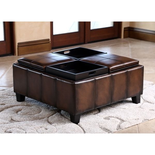 Brown Leather Square Pouf Ottomans Inside Well Known Shop Abbyson Vincent Hand Rubbed Brown Leather Square Ottoman With  (View 7 of 10)