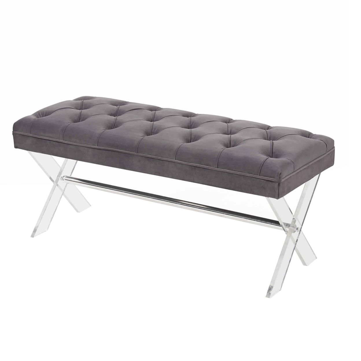 Button Tufted Fabric Ottoman Bench With X Shaped Acrylic Legs, Gray (View 7 of 10)