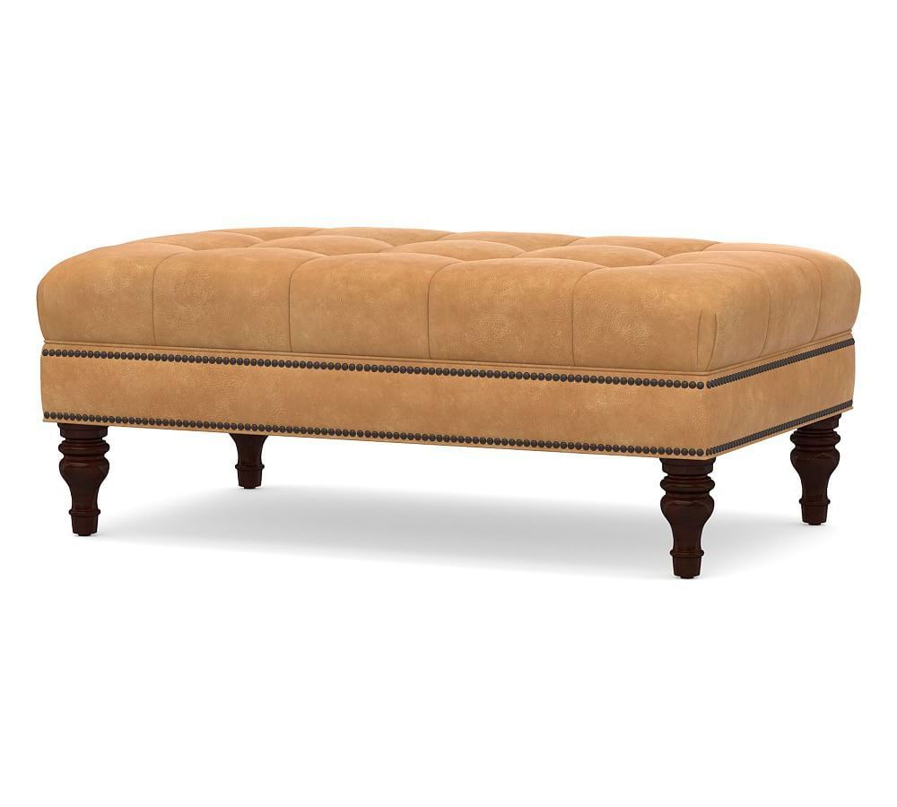 Caramel Leather And Bronze Steel Tufted Square Ottomans Inside Current Martin Leather Rectangular Ottoman  (View 2 of 10)