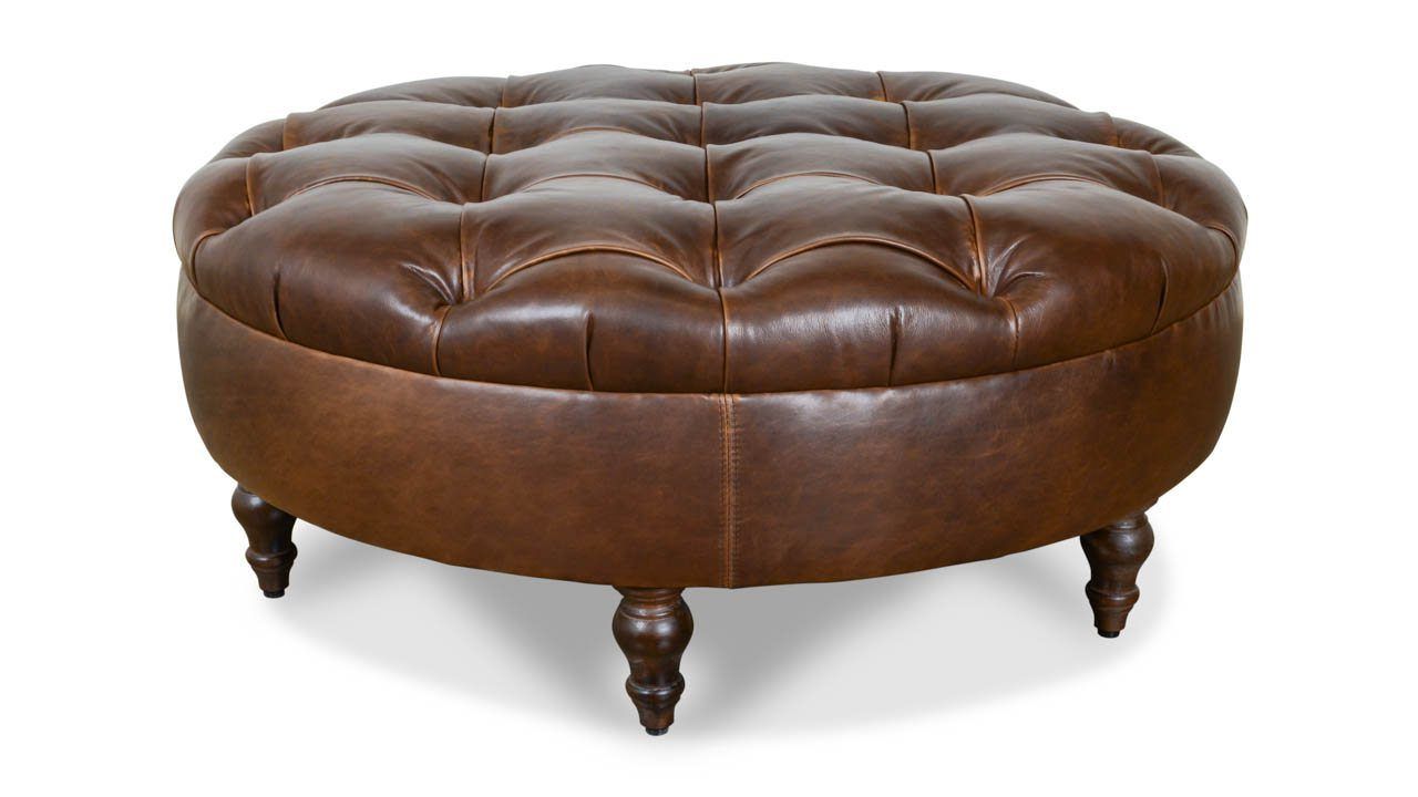 Chesterfield Round Leather Ottoman – Made In Usa Throughout Well Known Brown Leather Round Pouf Ottomans (View 10 of 10)