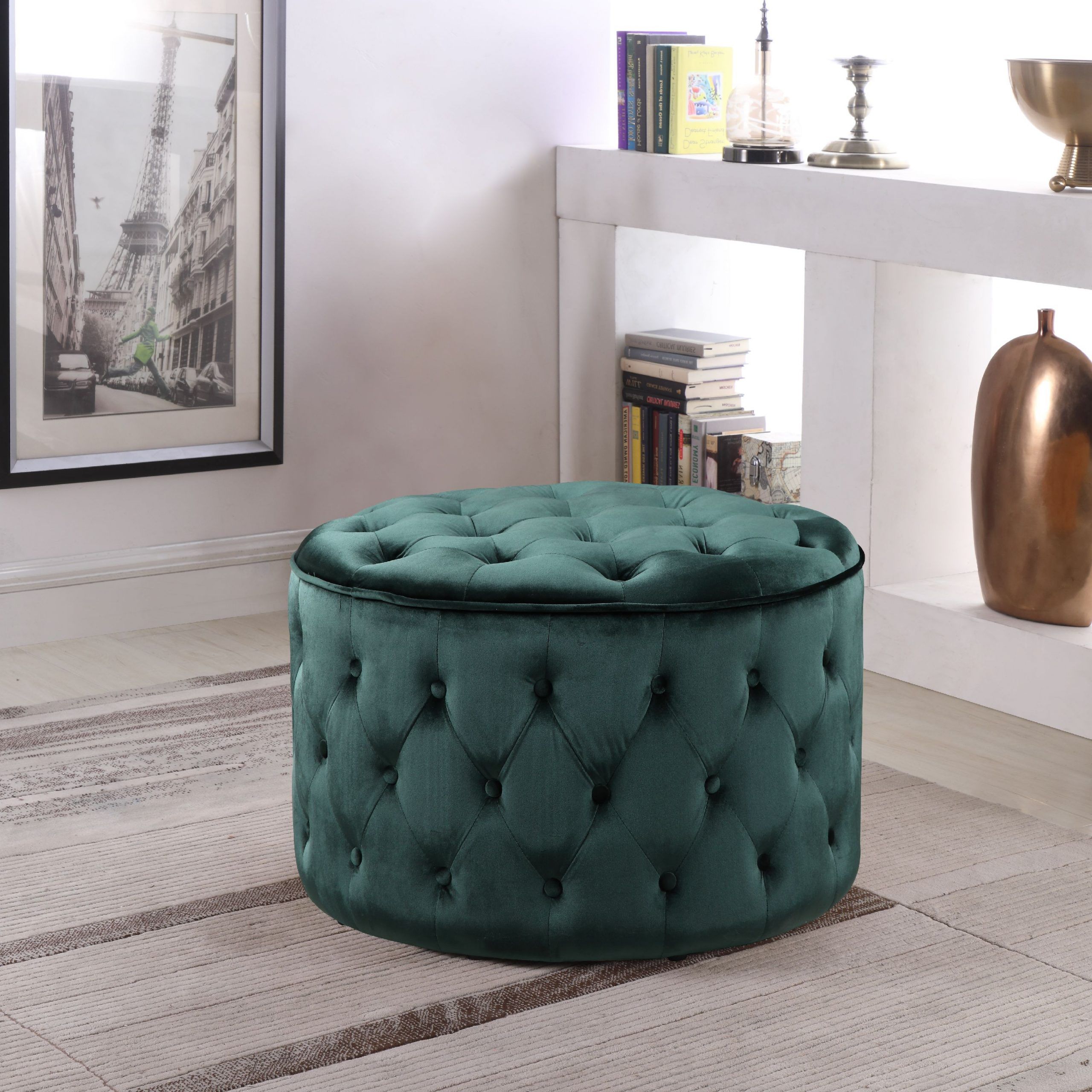 Chic Home Adna Ottoman Button Tufted Velvet Upholstered Round Pouf Throughout 2018 Tufted Ottomans (View 7 of 10)
