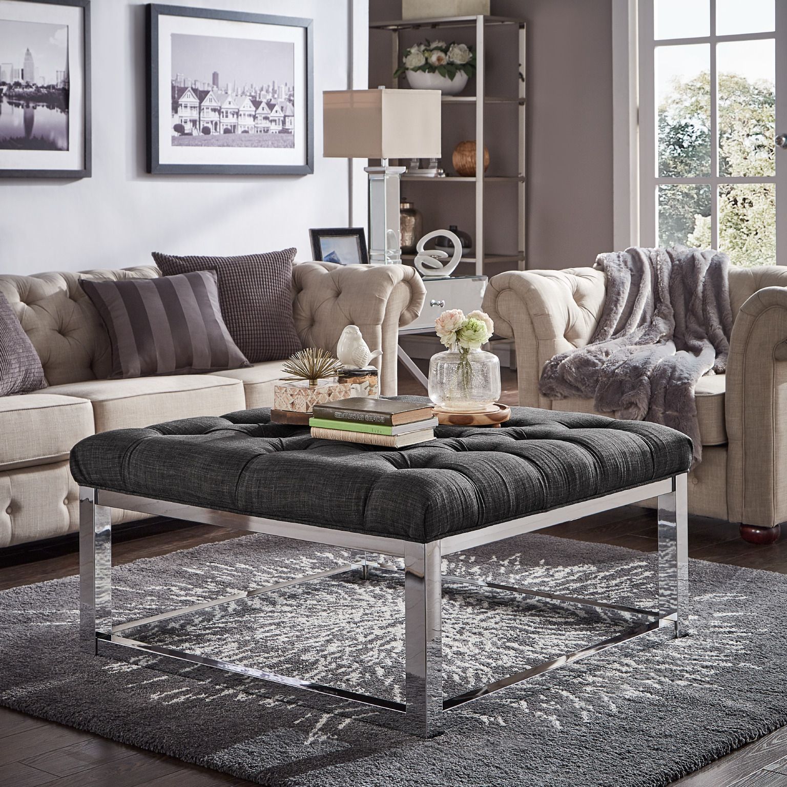 Chrome Metal Ottomans In Fashionable Weston Home Libby Button Tufted Cushion Ottoman Coffee Table With (View 2 of 10)