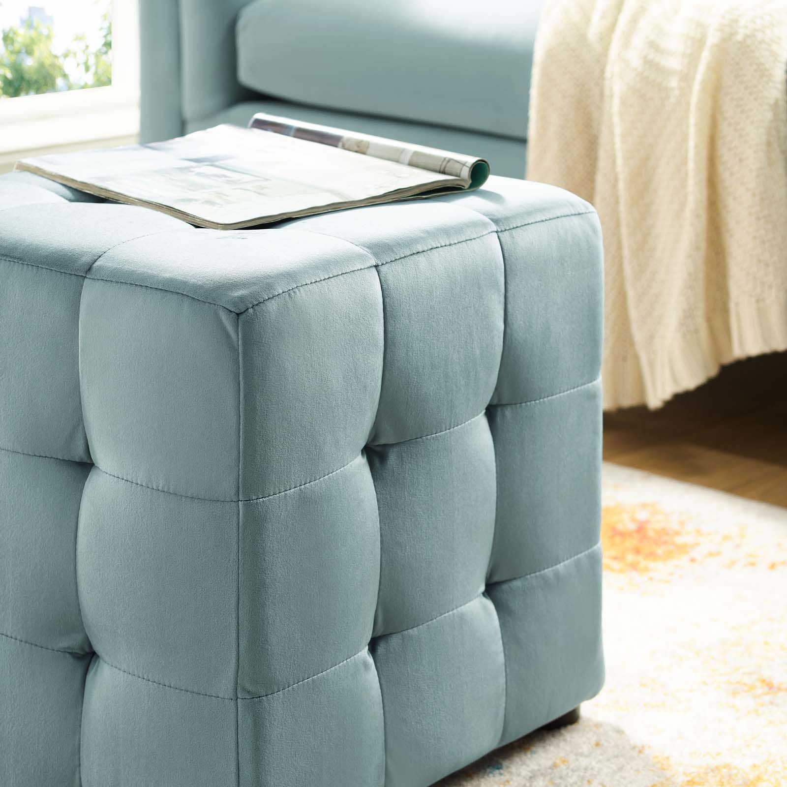 Contour Tufted Cube Performance Velvet Ottoman Light Blue Pertaining To Newest Cream Fabric Tufted Oval Ottomans (View 1 of 10)