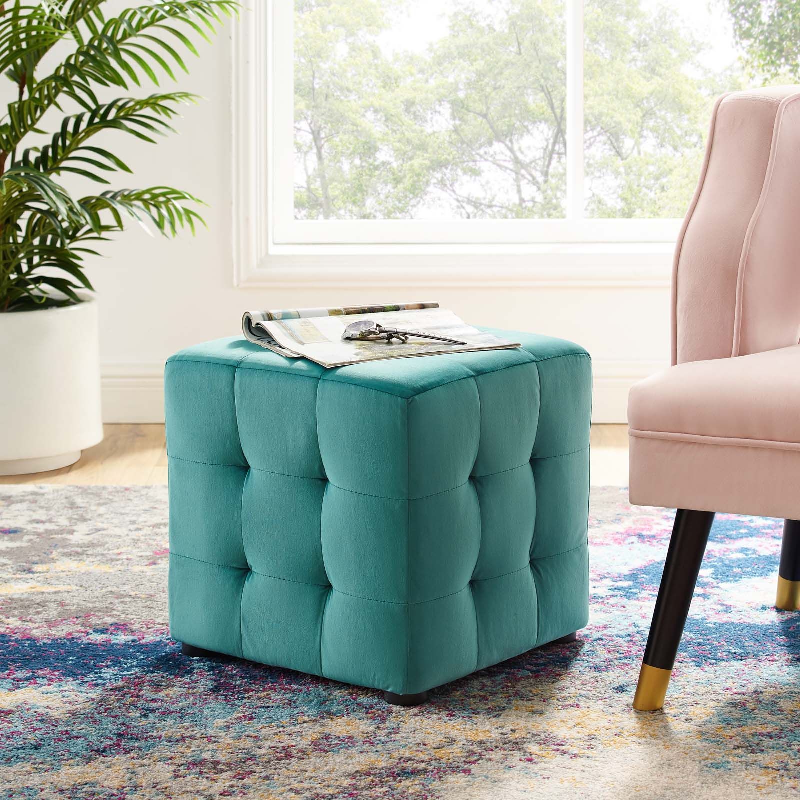 Contour Tufted Cube Performance Velvet Ottoman Teal Within Well Liked Teal Velvet Pleated Pouf Ottomans (View 2 of 10)