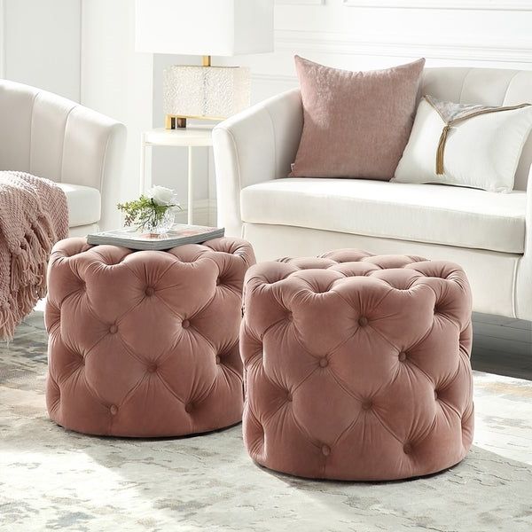 Cream Chevron Velvet Fabric Ottomans With Regard To Trendy Silver Orchid Holm Velvet Or Linen Round Tufted Ottoman – Overstock (View 1 of 10)