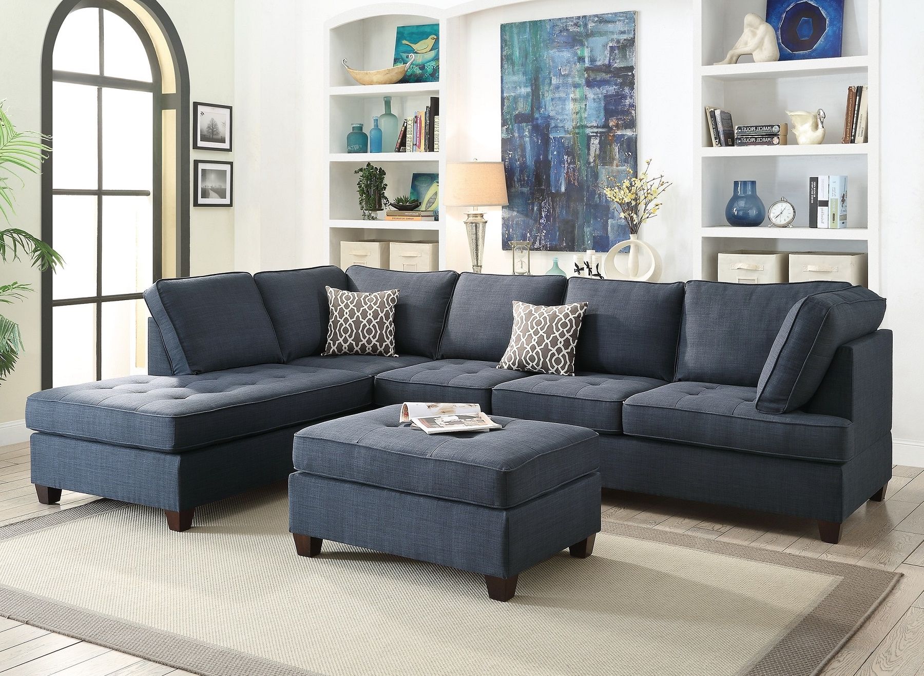 Dark Blue Dorris Fabric Smooth Textured Sectional Sofa Chaise 2pcs Set In Most Recently Released Blue Fabric Lounge Chair And Ottomans Set (View 5 of 10)