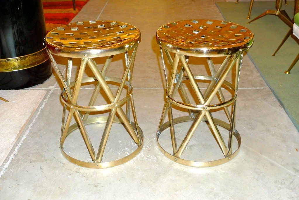 Espresso Antique Brass Stools Within Most Recent Pair Of Vintage Brass Woven Strapwork Stools At 1stdibs (View 2 of 10)
