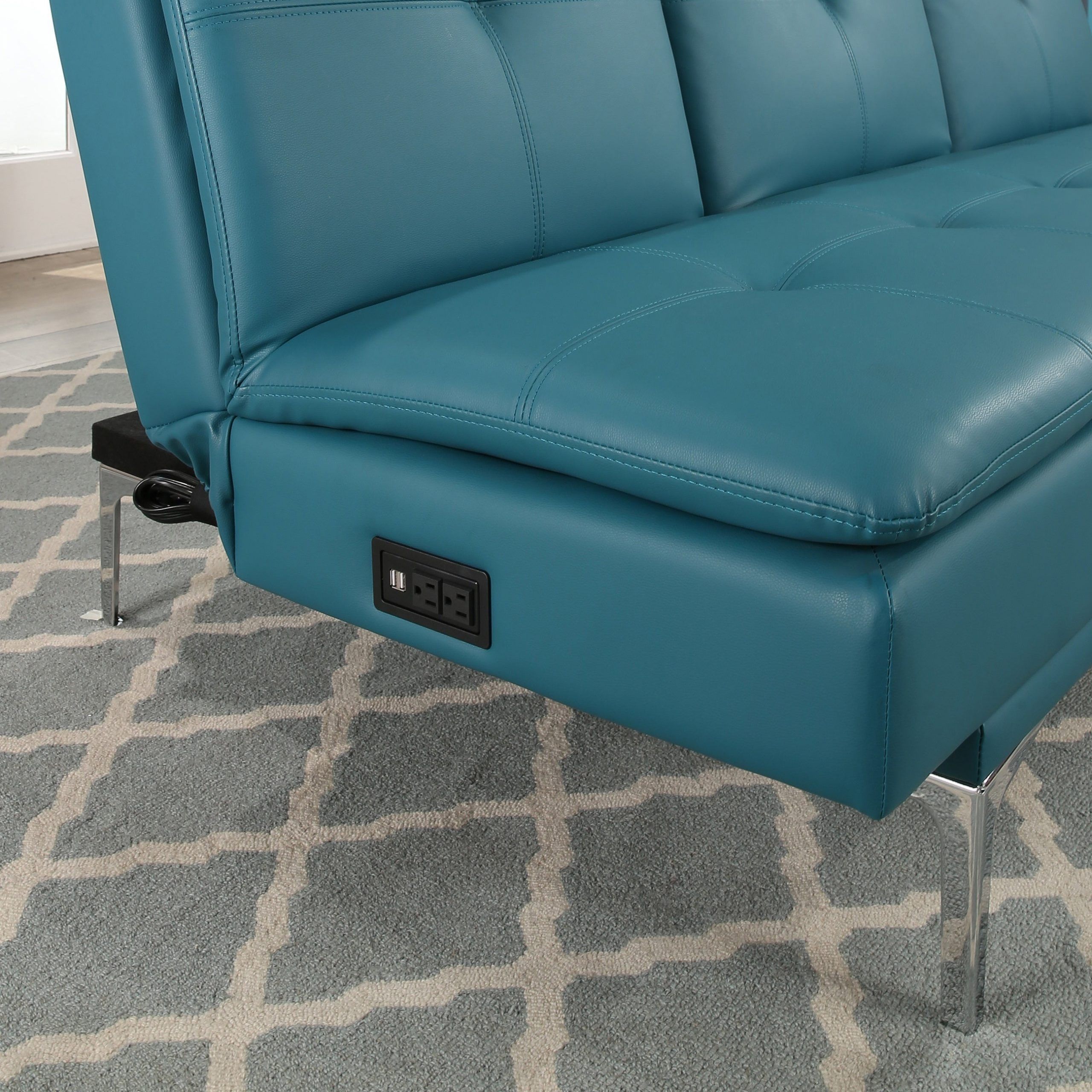 Espresso Faux Leather Ac And Usb Ottomans Throughout Widely Used Abbyson Kilby Turquoise Bonded Leather Sofa Bed With Console And Usb (View 4 of 10)