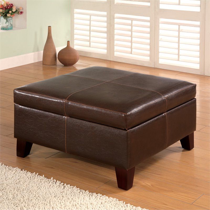 Espresso Leather And Tan Canvas Pouf Ottomans Inside Newest Coaster Faux Leather Square Coffee Table Ottoman In Dark Brown –  (View 6 of 10)