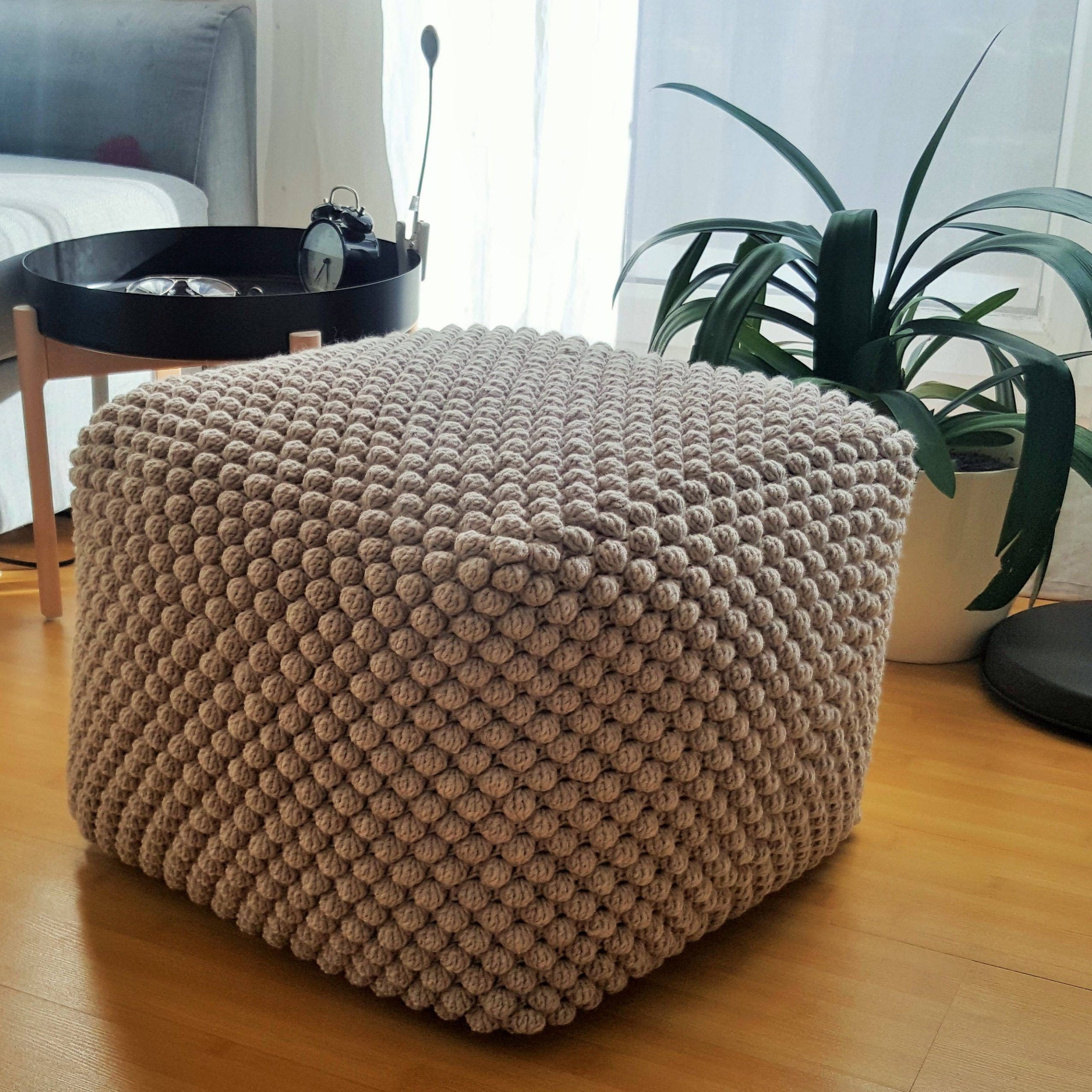 Etsy For 2017 Beige And Light Gray Fabric Pouf Ottomans (View 4 of 10)