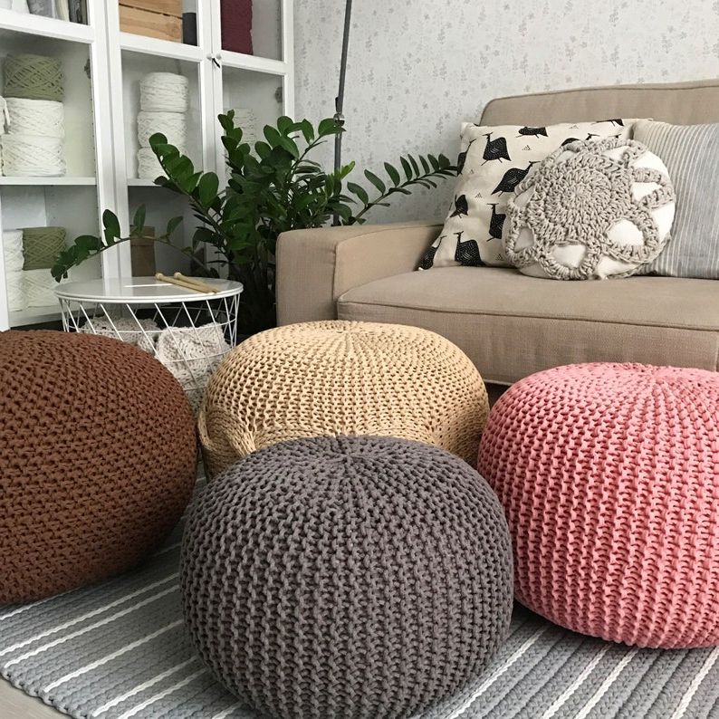 Etsy For Cream Cotton Knitted Pouf Ottomans (View 2 of 10)