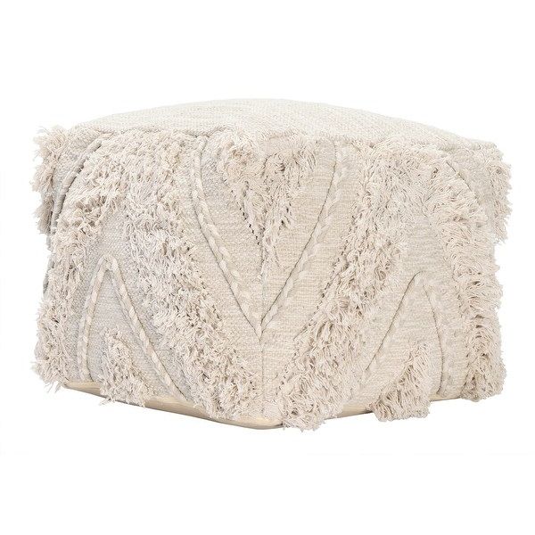Fabric Pouf Ottoman With Woven Design And Fringe Details, Cream For Most Up To Date Black Fabric Ottomans With Fringe Trim (View 8 of 10)