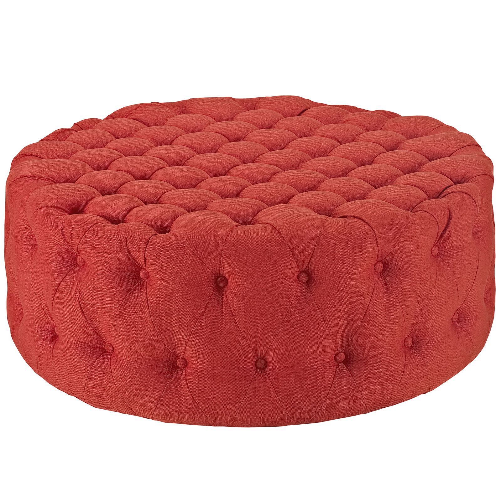 Fabric Tufted Round Storage Ottomans In Favorite Button Tufted Fabric Upholstered Round Ottoman In Atomic Red (View 9 of 10)