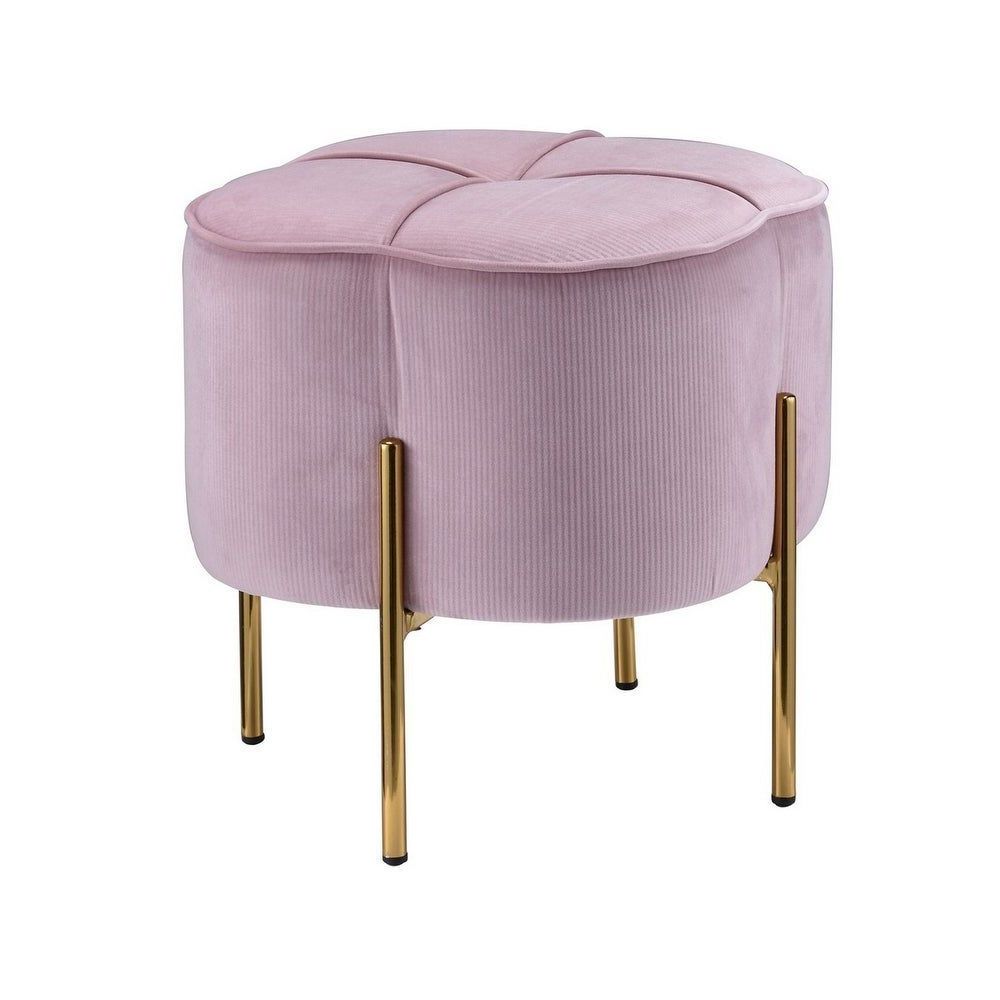 Fabric Upholstered Ottoman With Sleek Straight Legs, Pink And Gold Pertaining To Most Up To Date Pink Fabric Banded Ottomans (View 8 of 10)