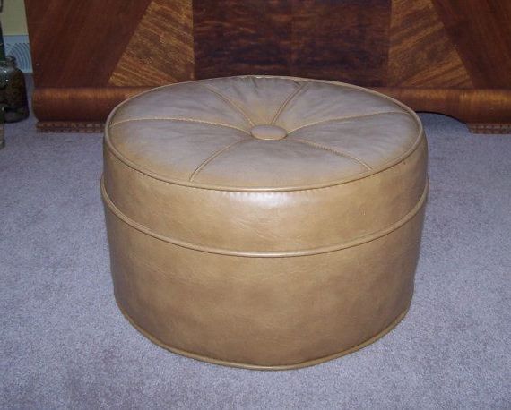 Famous Beige And White Tall Cylinder Pouf Ottomans With Vintage Tan Vinyl Ottoman W/ Large Button (View 3 of 10)