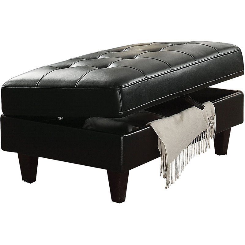 Famous Black Leather Foot Stools Regarding Acme Nate Faux Leather Tufted Storage Ottoman In Black –  (View 1 of 10)