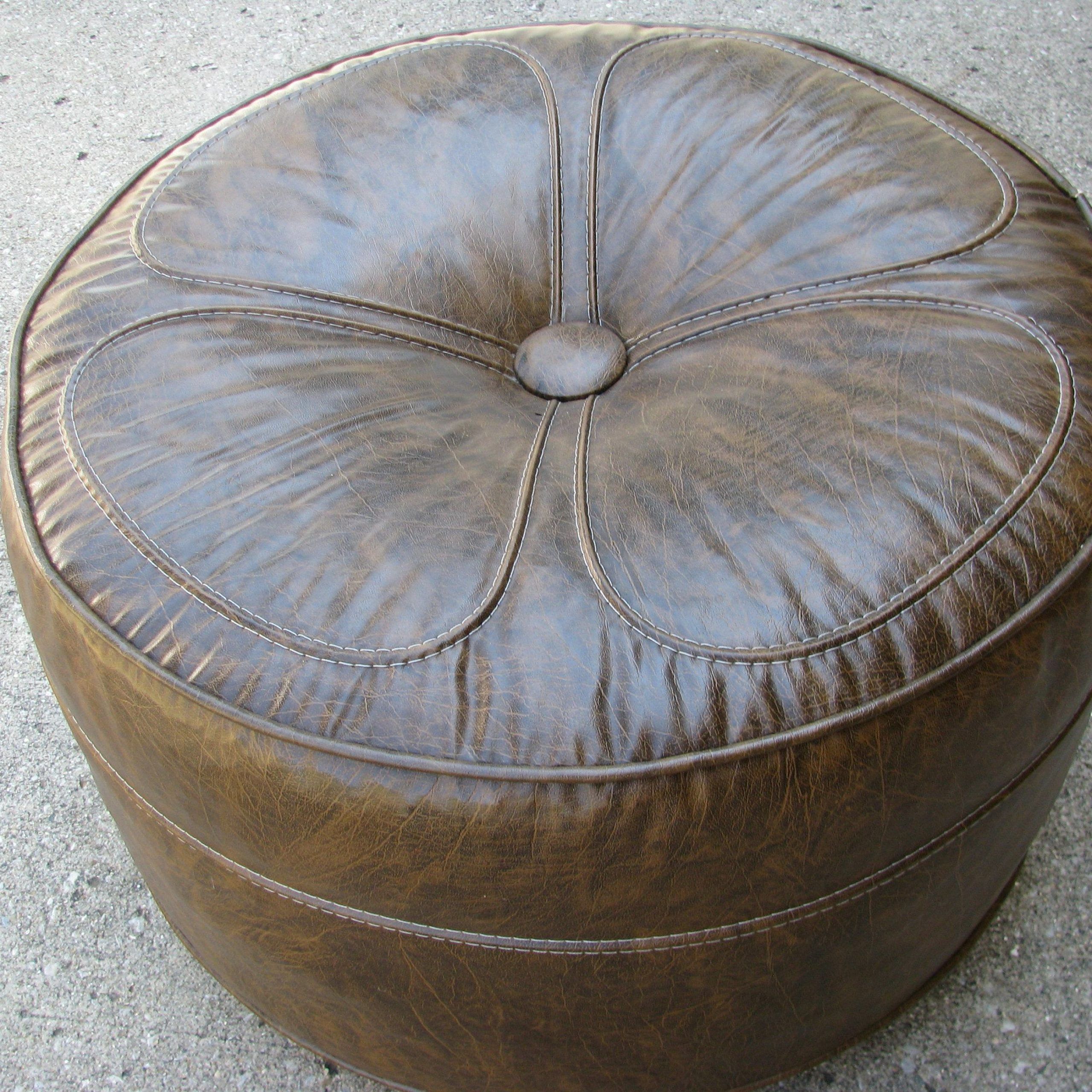 Famous Brown Faux Leather Tufted Round Wood Ottomans With Regard To Vintage Retro Brown Faux Leather Tufted Vinyl Footstool Round Hassock (View 6 of 10)