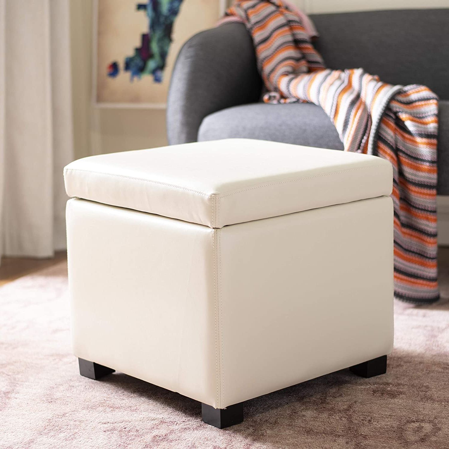 Fashionable Amazon: Safavieh Hudson Collection Ryder Leather Square Flip Top Within White Wool Square Pouf Ottomans (View 1 of 10)