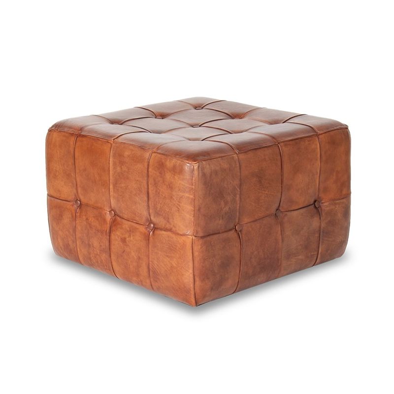 Fashionable Brown Leather Tan Canvas Pouf Ottomans Within Allora Mid Century Modern Leather Ottoman In Tan Brown – A 5145  (View 2 of 10)