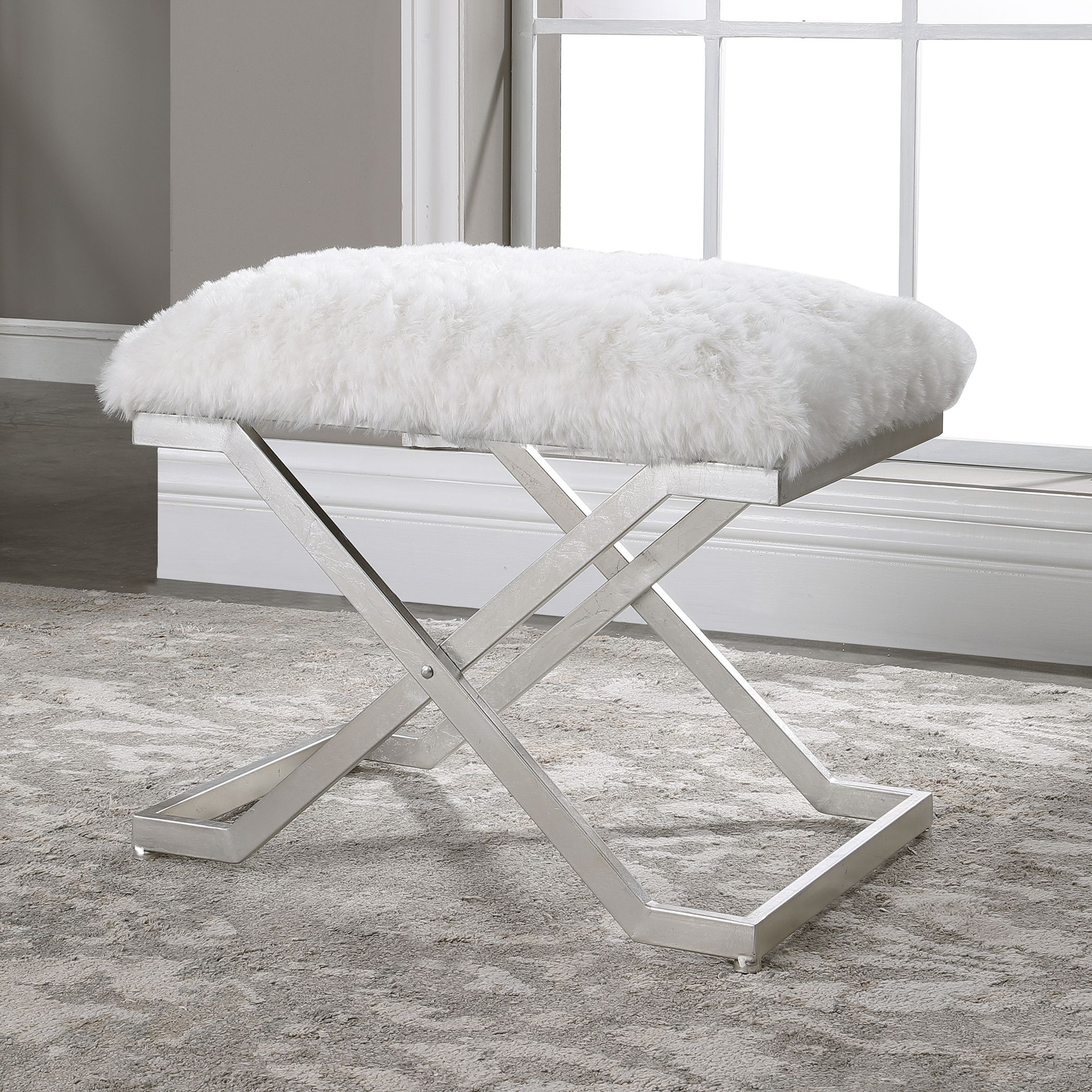 Fashionable Glam Plush Faux Fur Shaggy White Bench Ottoman Retro Contemporary Stool Inside White Faux Fur And Gold Metal Ottomans (View 6 of 10)