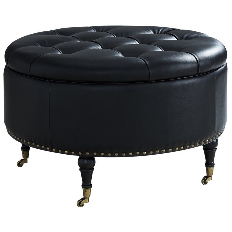 Fashionable Posh Living Landon Tufted Faux Leather Storage Ottoman With Casters In Pertaining To Black White Leather Pouf Ottomans (View 4 of 10)