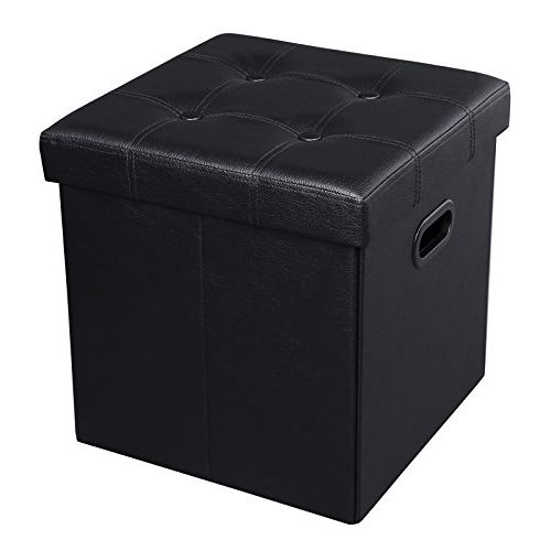 Fashionable Songmics Faux Leather Folding Storage Ottoman Cube Foot Rest Stool Seat In Black Faux Leather Cube Ottomans (View 4 of 10)