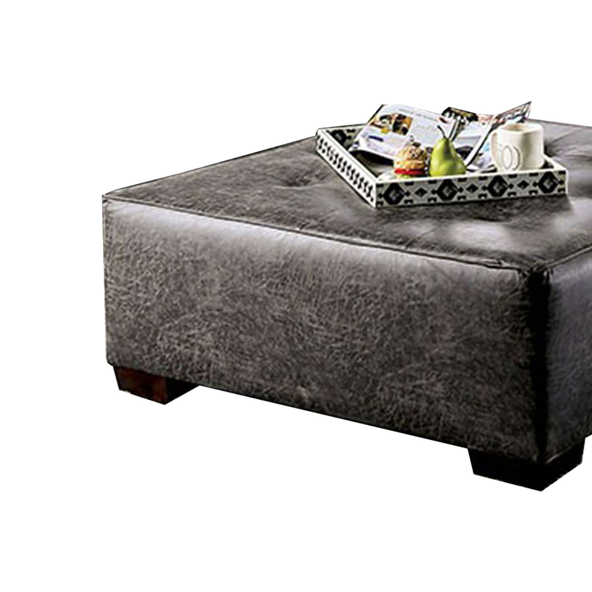 Fashionable Wooden Legs Ottomans With Button Tufted Leatherette Wooden Ottoman With Block Legs, Gray (View 9 of 10)