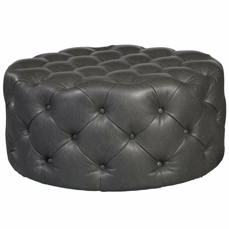 Favorite Caramel Leather And Bronze Steel Tufted Square Ottomans Regarding Pulaski Round Button Tufted Cocktail Ottoman With Casters In Black (View 9 of 10)