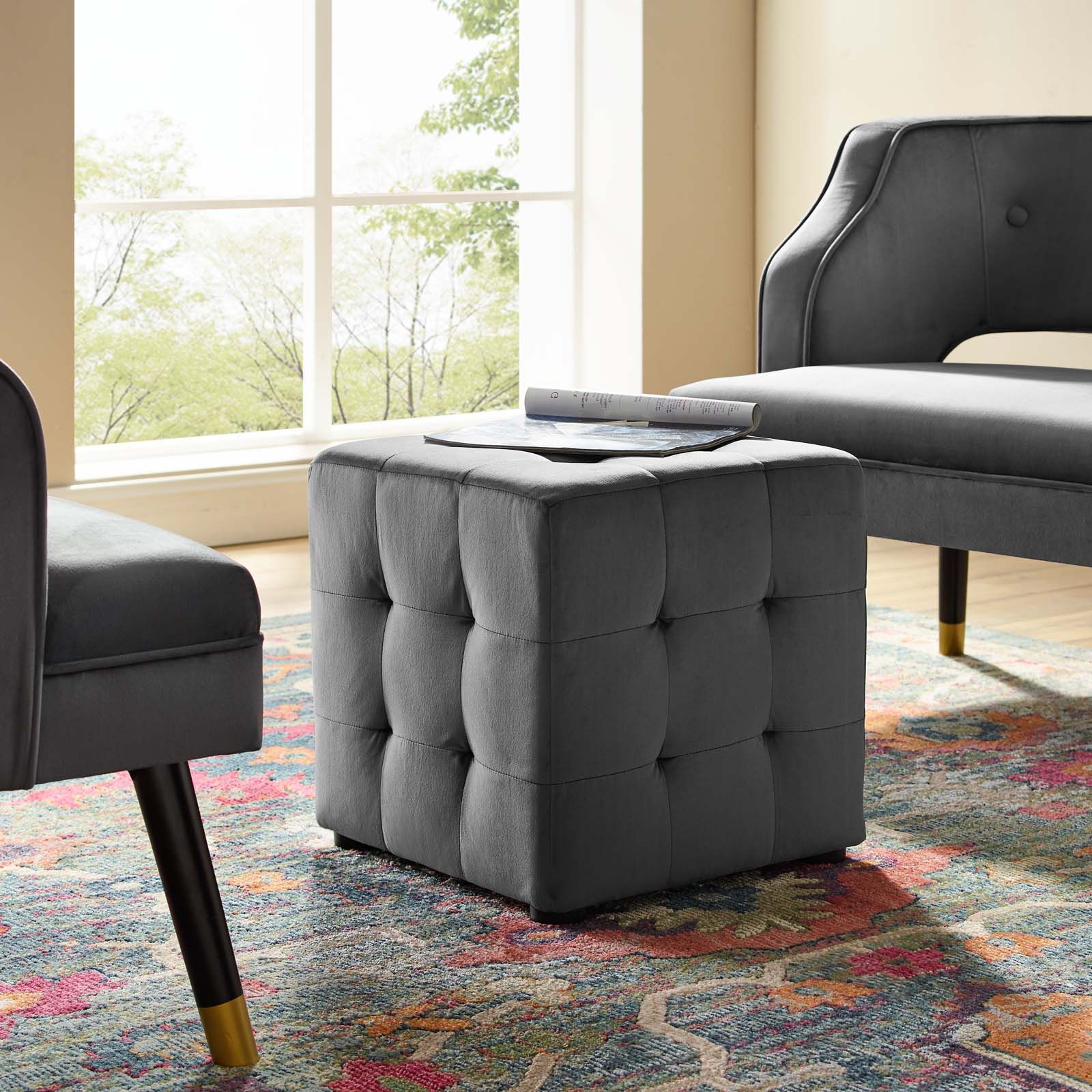Favorite Contour Tufted Cube Performance Velvet Ottoman Gray Throughout Gray Fabric Tufted Oval Ottomans (View 1 of 10)