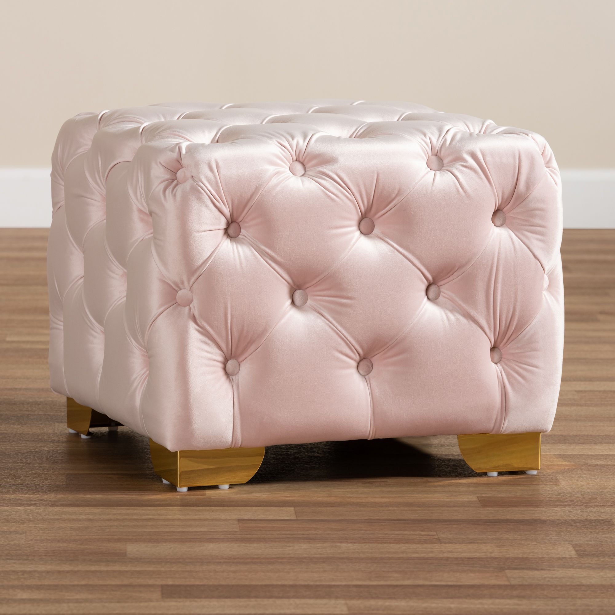 Favorite Tufted Fabric Ottomans Throughout Avara Glam & Luxe Tufted Velvet Fabric Gold Finished Legs 21" Square (View 10 of 10)